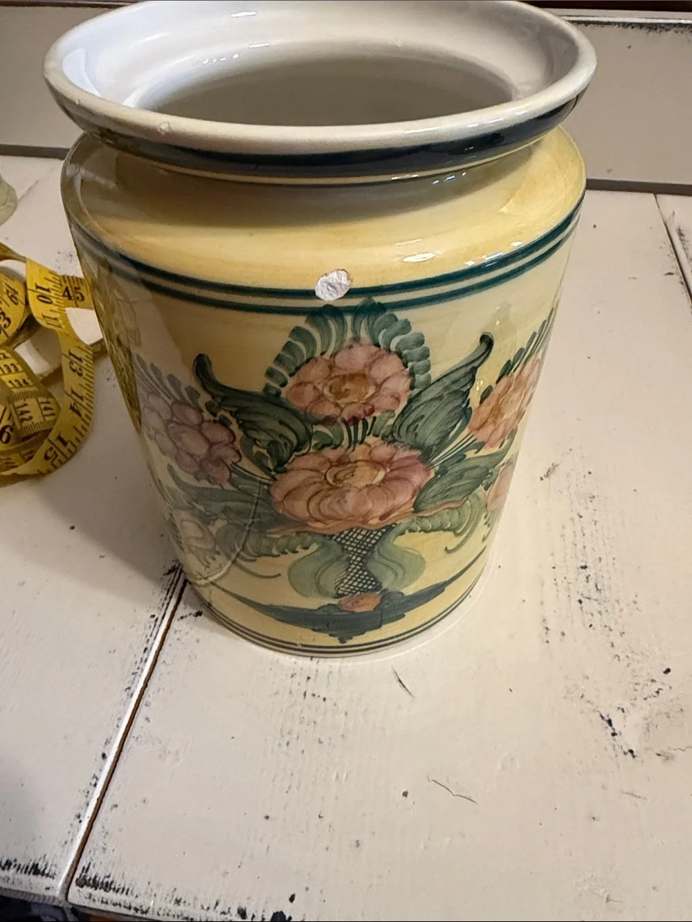 Pretty yellow and green cannister with lid.  Pottery from Greece.   AS IS!